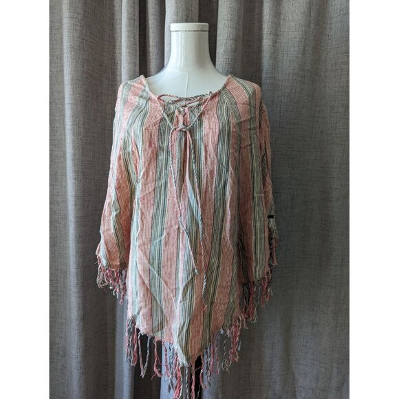 Billabong Striped Fringe Poncho S/M Red/Blue/Tan Beach Cover up Bikini Swimsuit - Picture 2 of 10